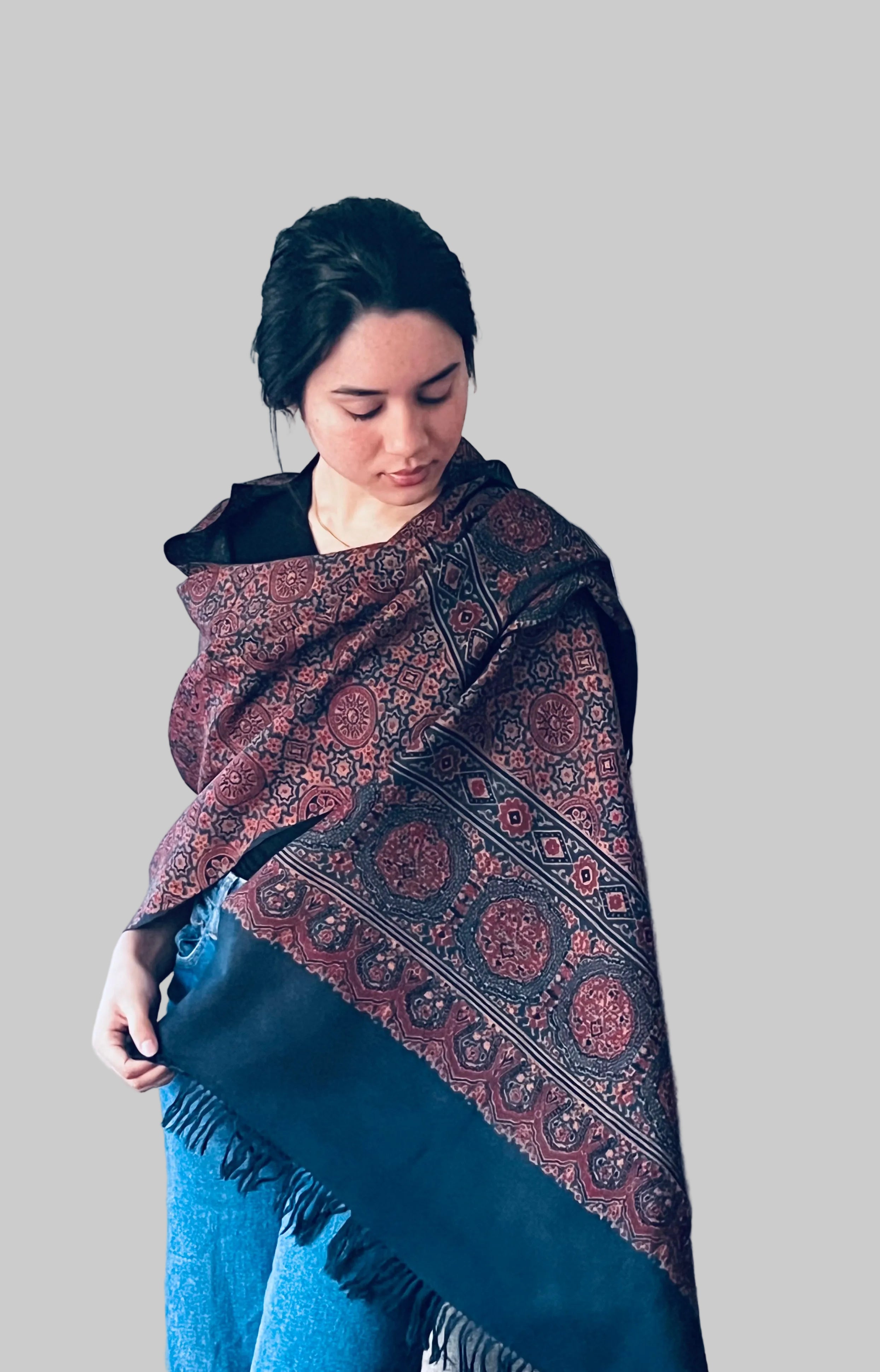 Ajrakh Fine Wool scarf indigo and madder root