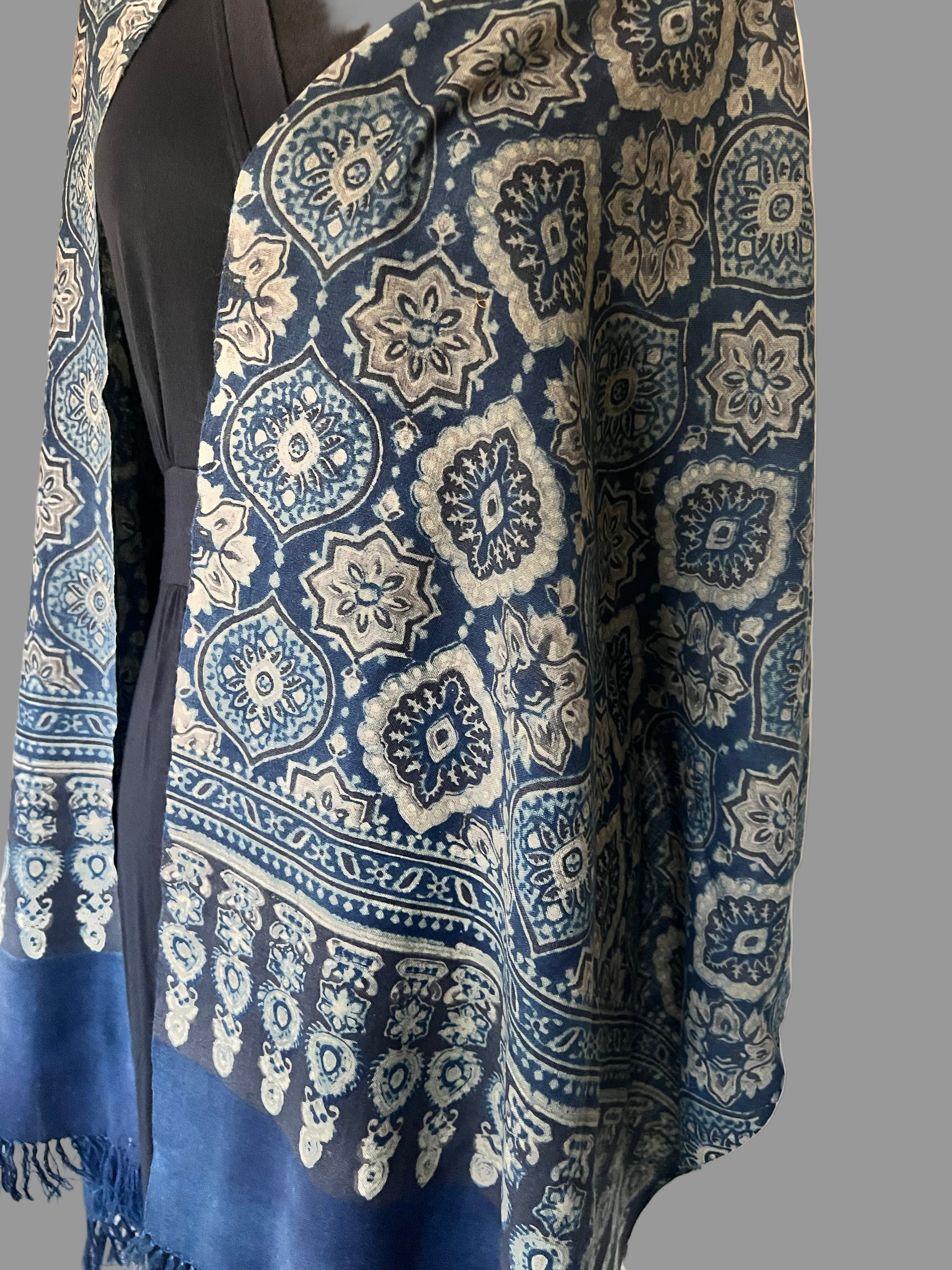 Ajrakh Luxury Fine Wool Shawl - indigo - close up