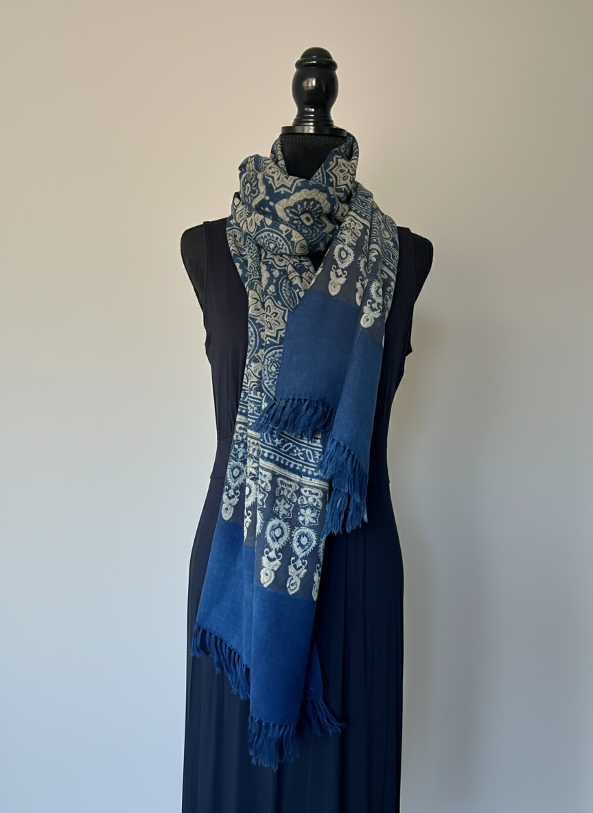 Ajrakh Luxury Fine Wool Shawl - indigo - rolled shawl