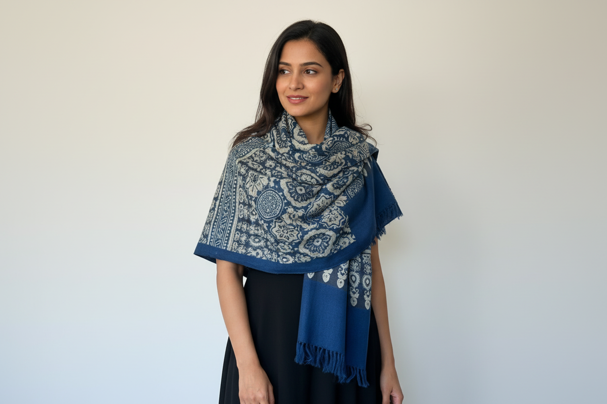 Indigo Flowers - Ajrakh Luxury Fine Wool Shawl