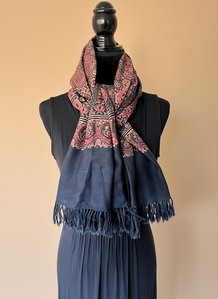 Ajrakh Luxury Fine Wool Shawl - red-indigo on dress form