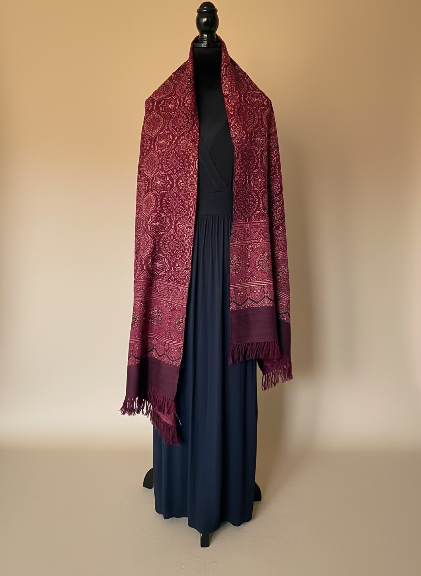 Ajrakh Luxury Fine Wool Shawl - red - on dress form
