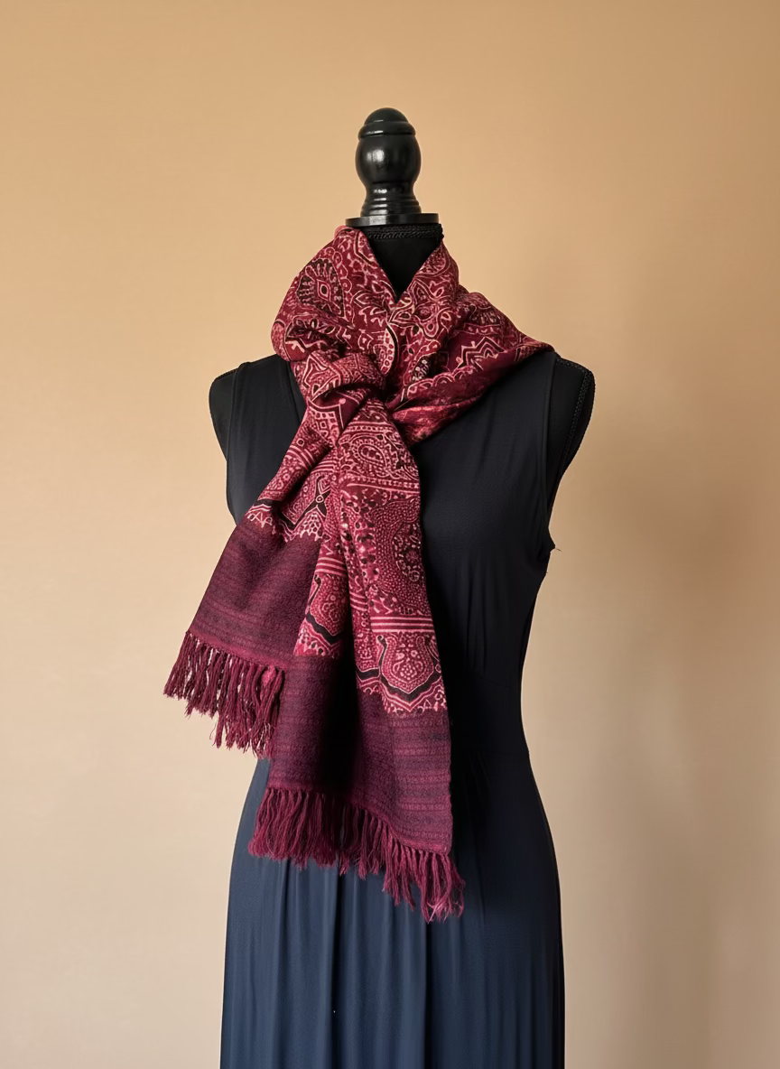 Ajrakh Luxury Fine Wool Shawl - red base