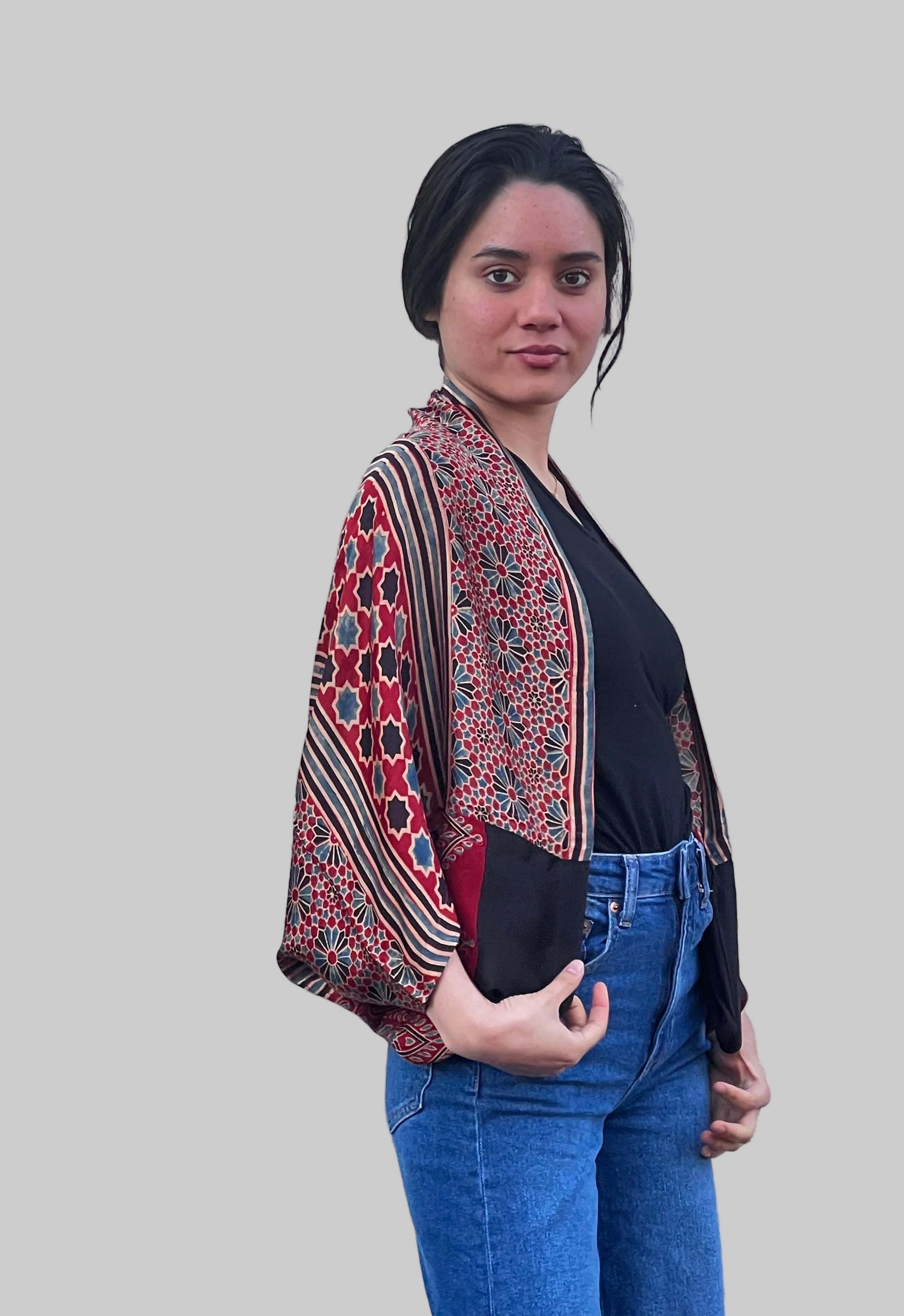 Ajrakh modal Silk shrug - Flowers on model - side view