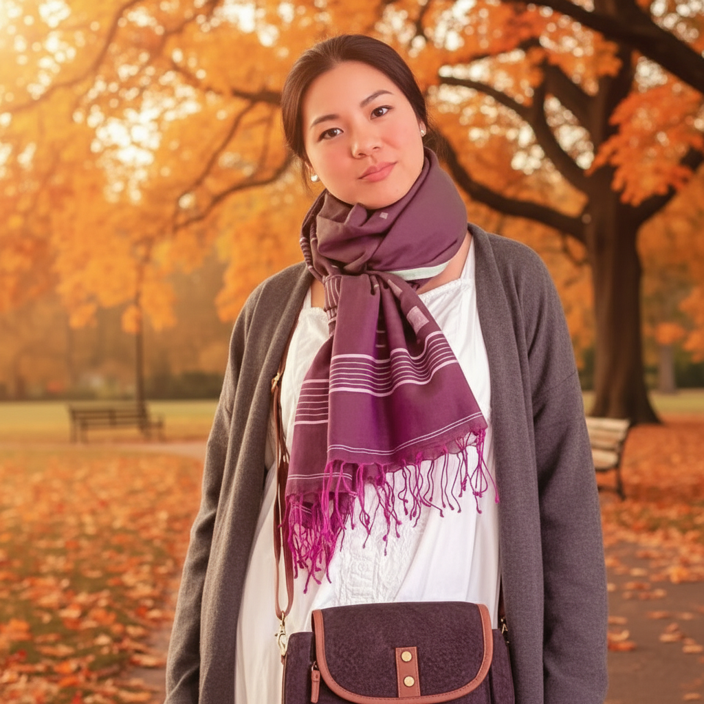 Woman wearing a purple cotton jamdani scarf in an autumn park