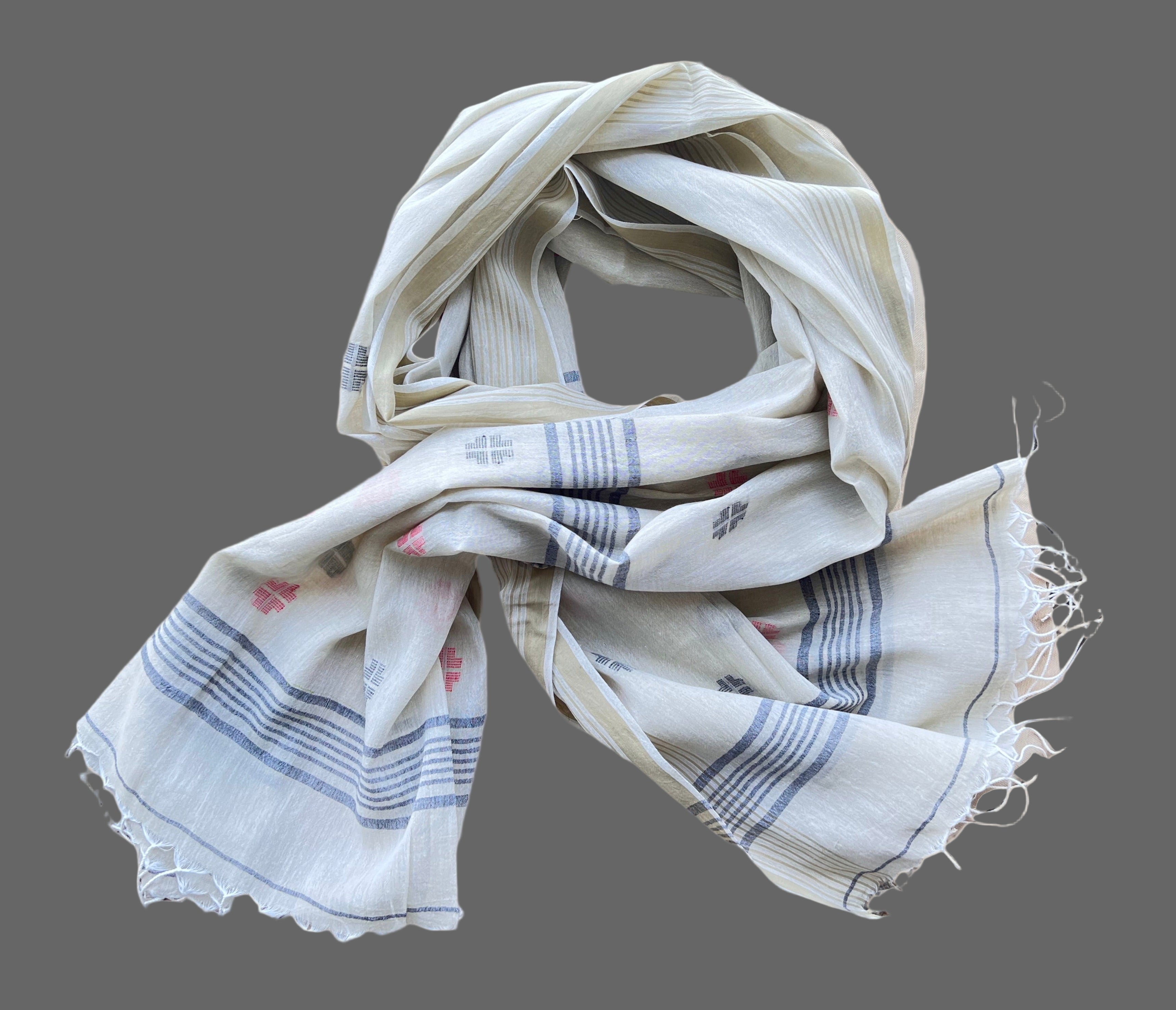 Folded Jamdani off-white scarf with striped pattern on a beige background