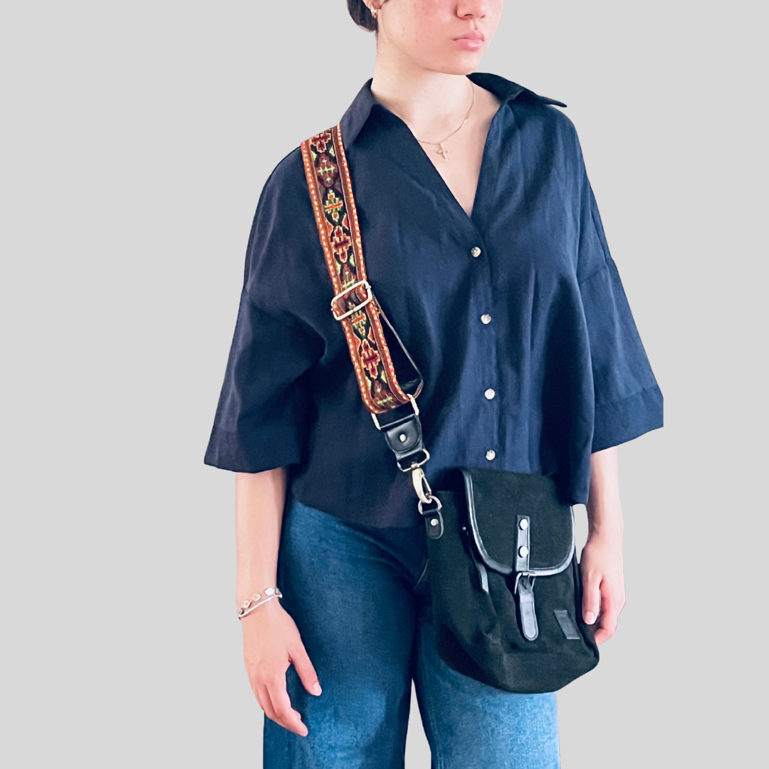 Black Boo Sling bag with a parvati handwoven strap