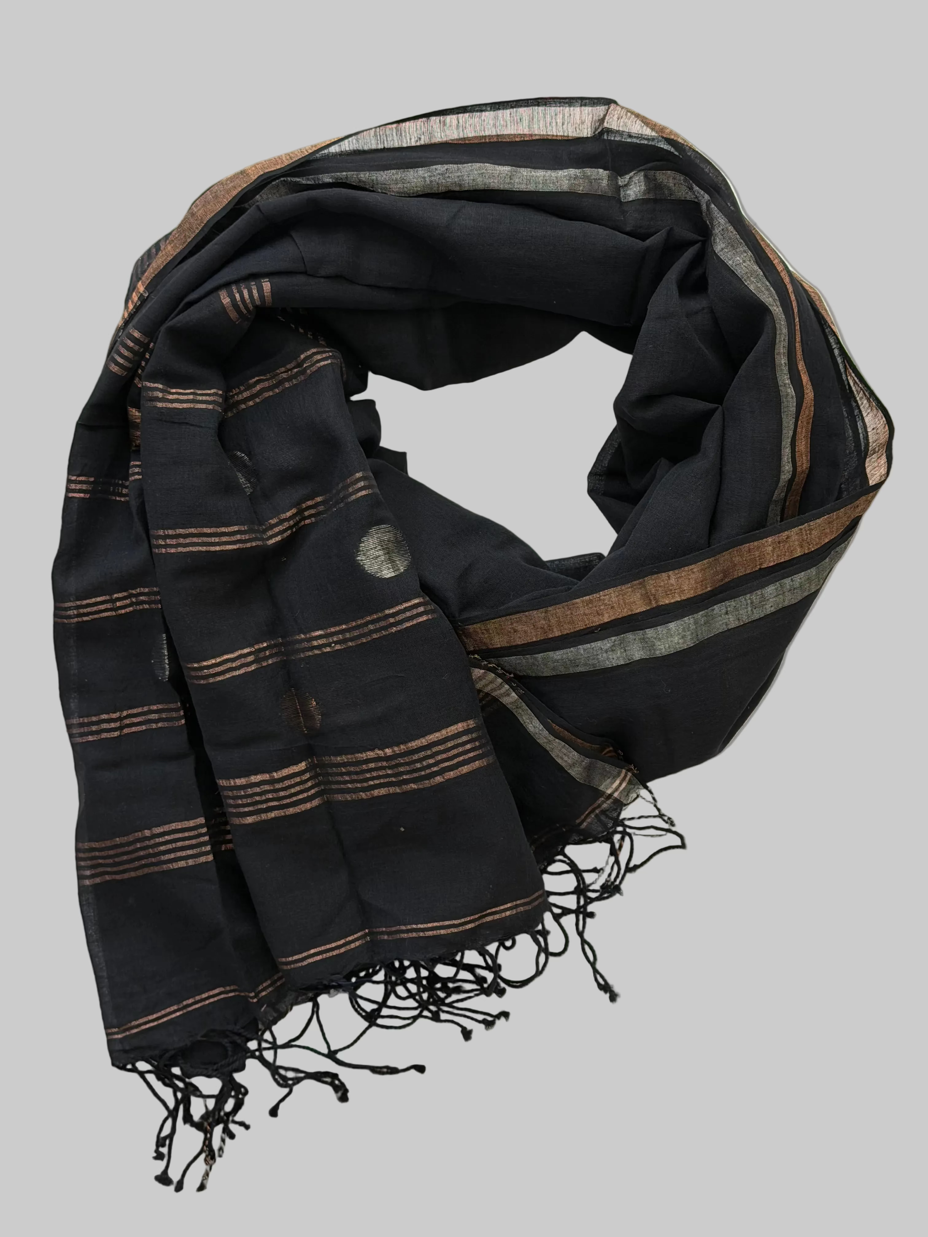 Black Muslin Jamdani scarf with zari circle - rolled
