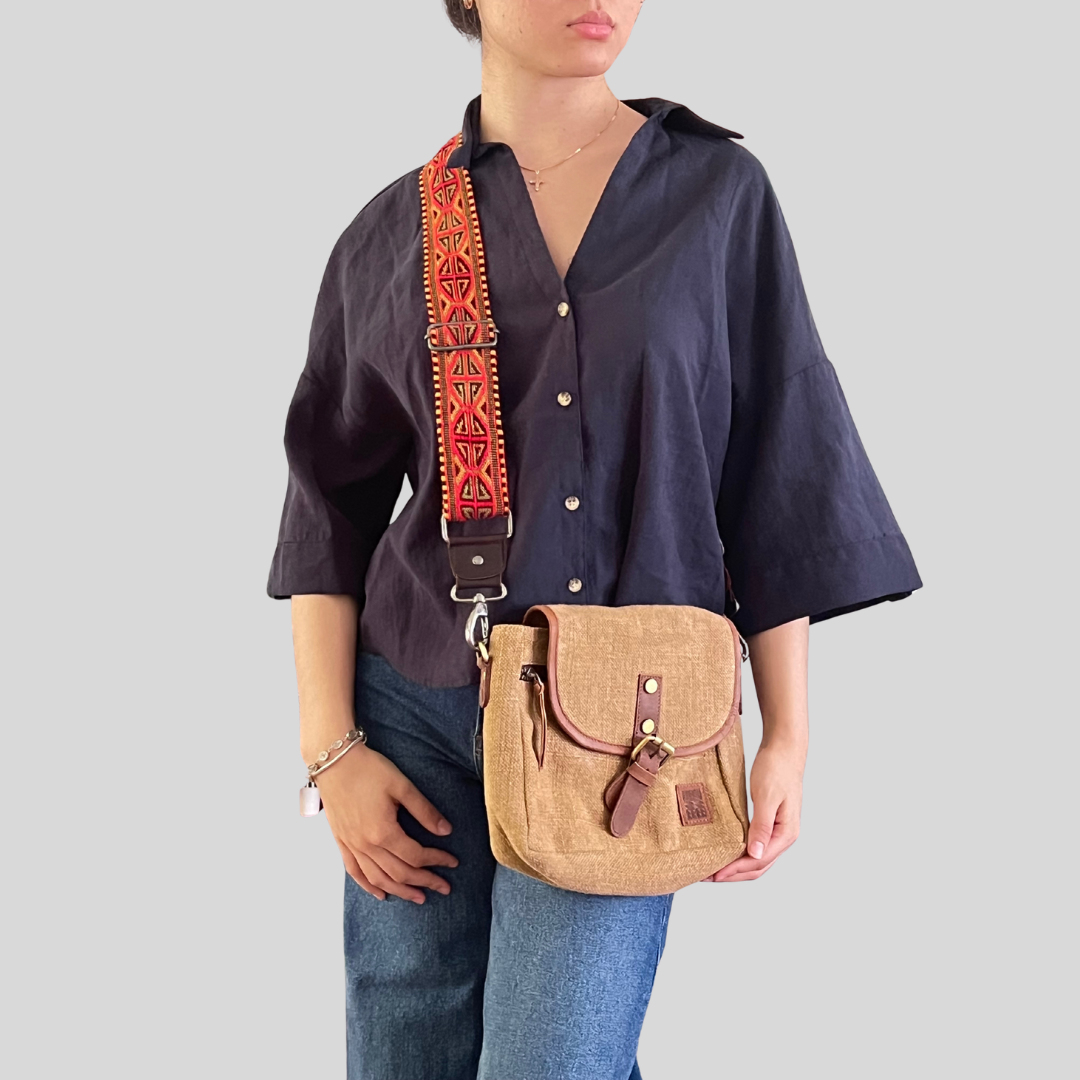 Camel Boo Sling bag with a parvati handwoven strap