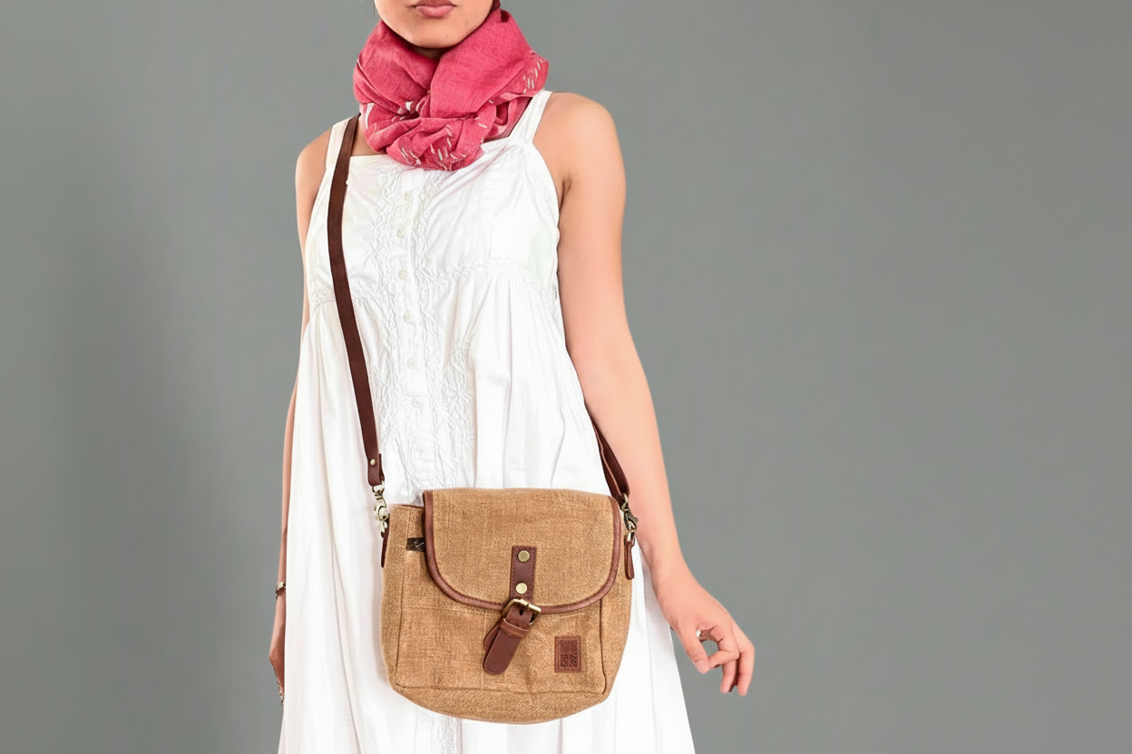Camel Burlap and Leather Sling bag on a woman