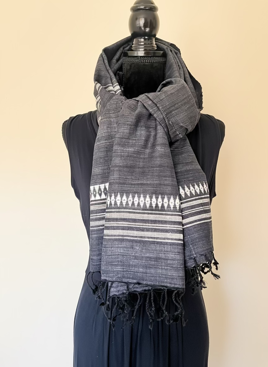 Charcoal Grey Vegan Silk Scarf with White Diamond Motifs - coiled
