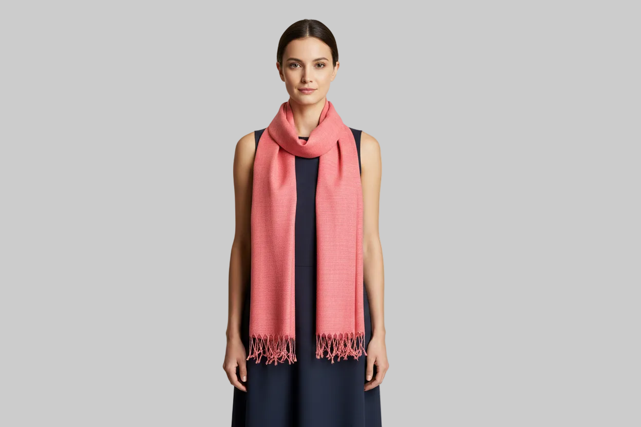 Coral luxurious vegan silk scarf - on woman