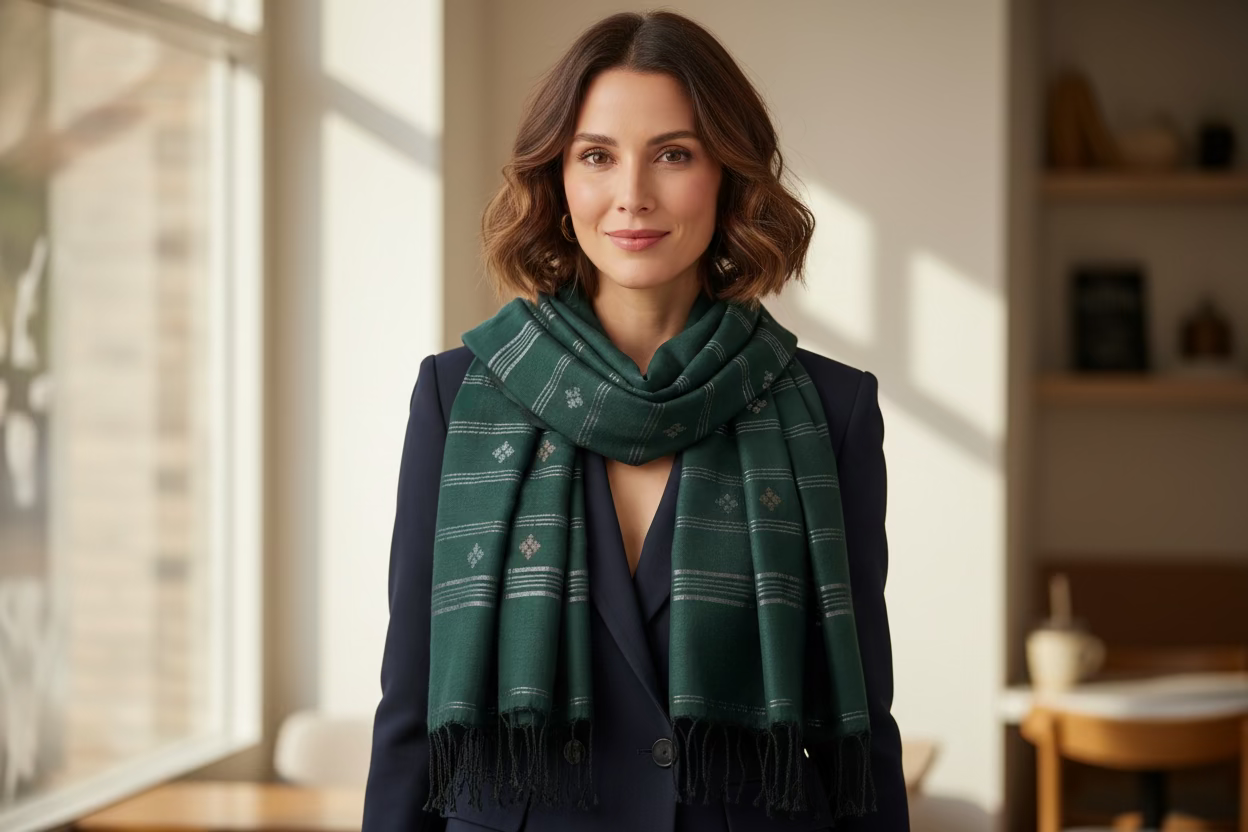 Dark green zari floral muslin Jamdani long scarf on model