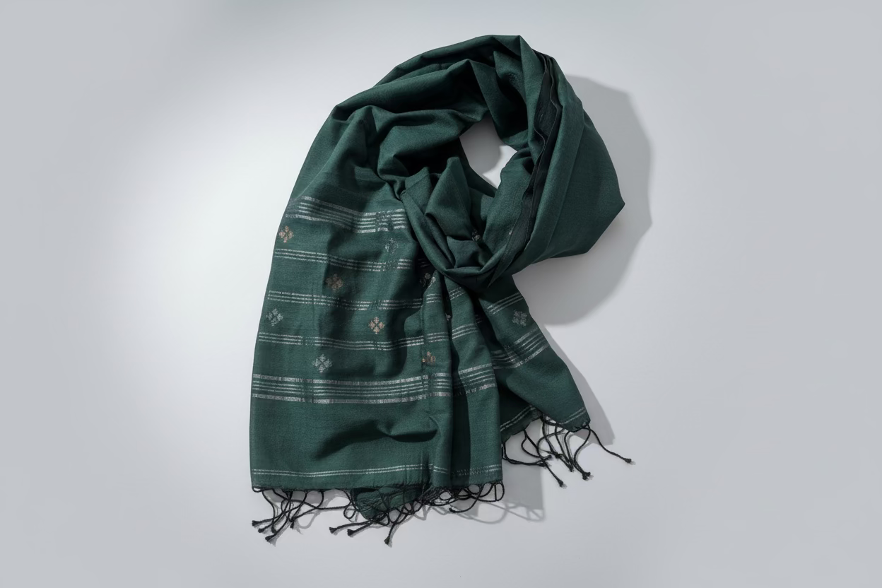 Dark green zari floral muslin Jamdani long scarf rolled