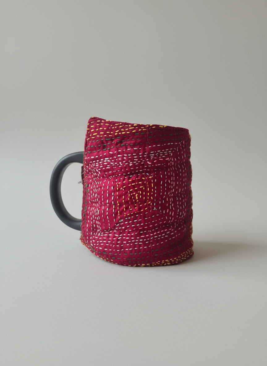 Dottie - a modern dotted line version of kantha coffee-tea cup cozy - side