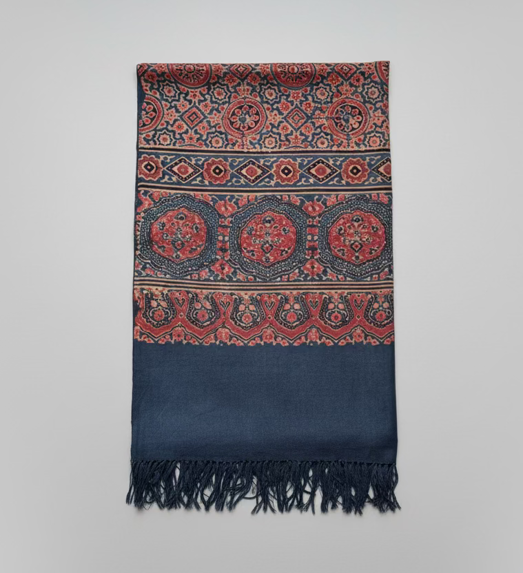 Dusk Ajrakh fine wool scarf with vegetable dyes