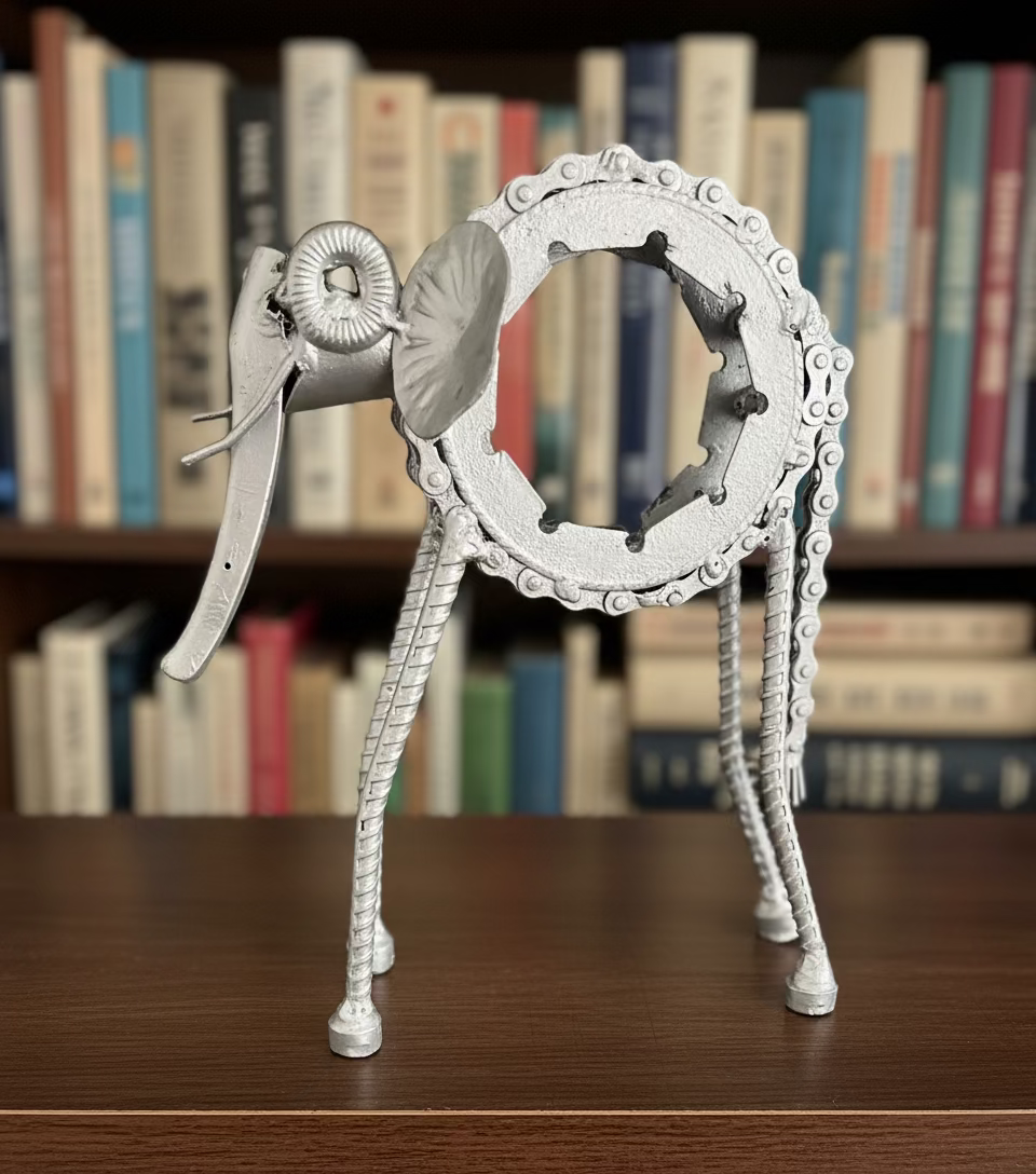 Decorative metal elephant sculpture on a wooden surface with books in the background