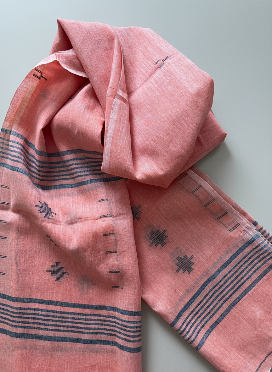 Flamingo Pink cotton scarf with black Jamdani patterns