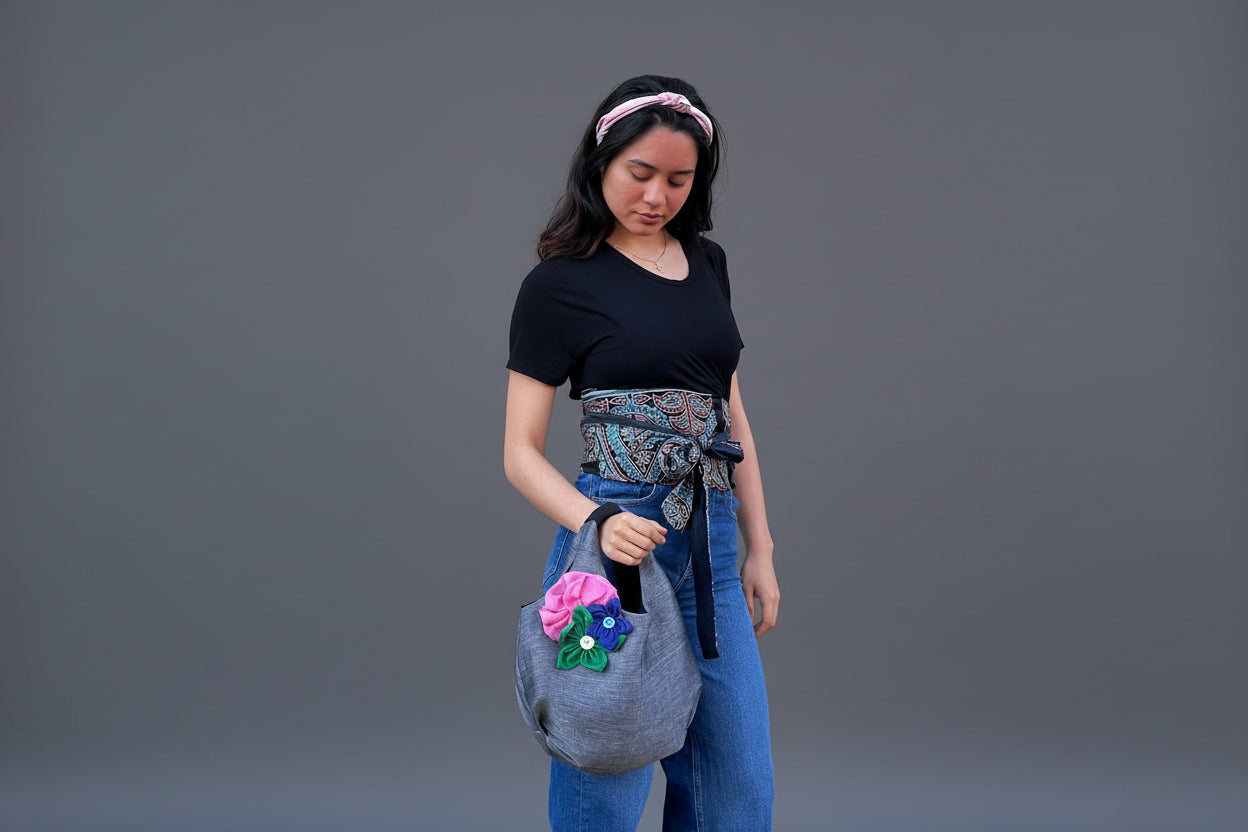 Flora slouchy handmade bags - bag 002 - in studio On model