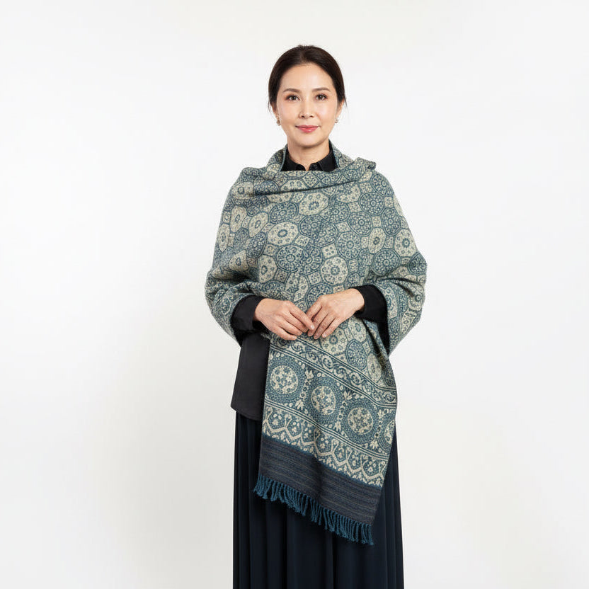 Geometric circles in Ajrakh printing technique, indigo dyed, on fine wool scarf - shawl style