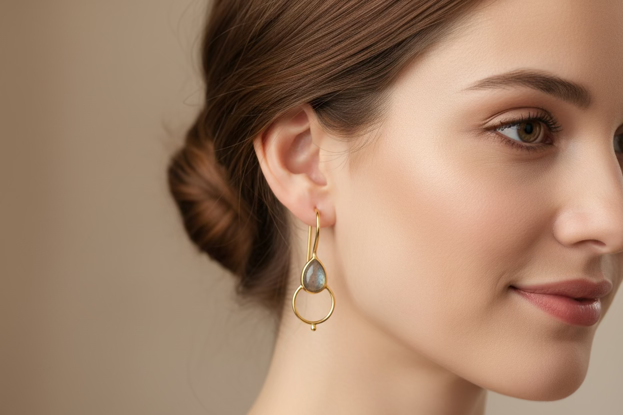 Gold plated Labradorite earring on white woman
