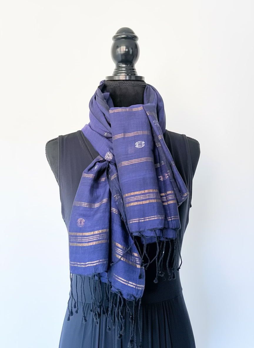 Indigo Zari Boota Jamdani Muslin Luxury Scarf - coiled