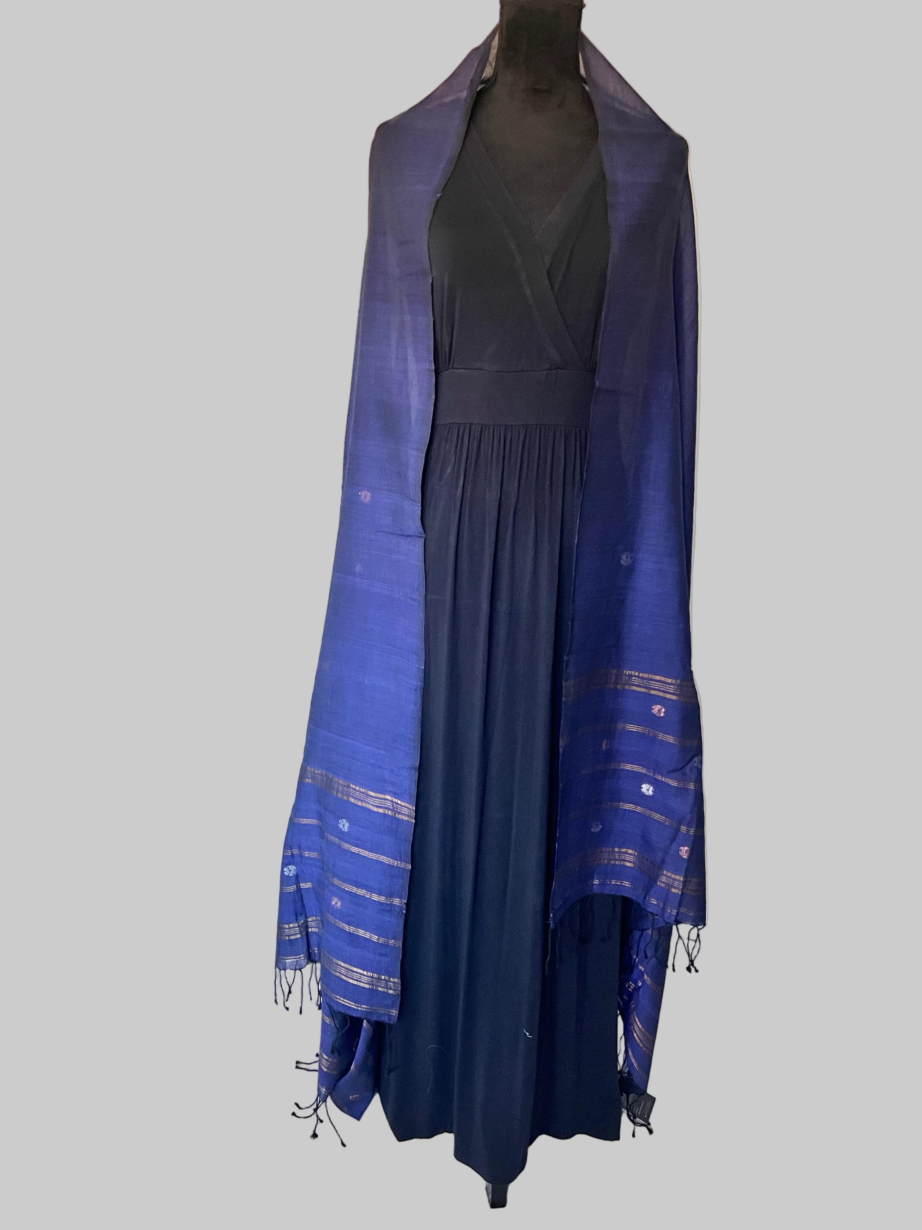 Indigo Zari Boota Luxury Jamdani scarf full on dress form