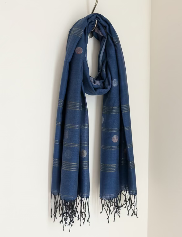 Indigo Zari circle Jamdani long scarf on hook
