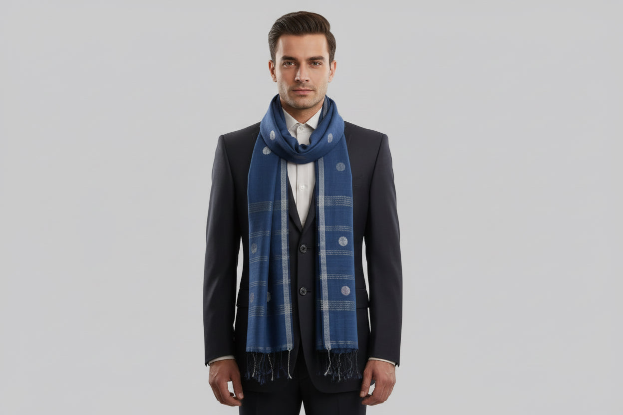 Indigo Zari circle muslin Jamdani long scarf on man