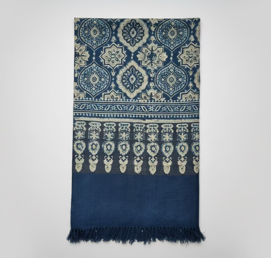 Indigo flowers Ajrakh fine wool scarf vegetable dyed in indigo