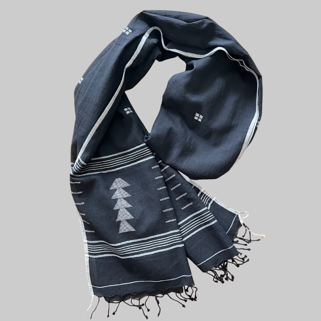 Black Jamdani muslin scarf with white patterns on a white background