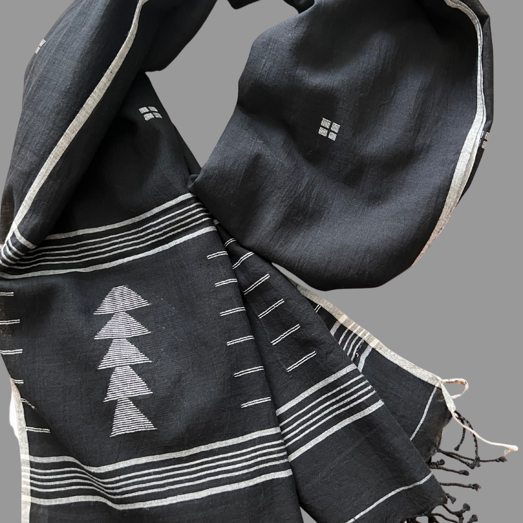 Black and white patterned Jamdani scarf with geometric designs