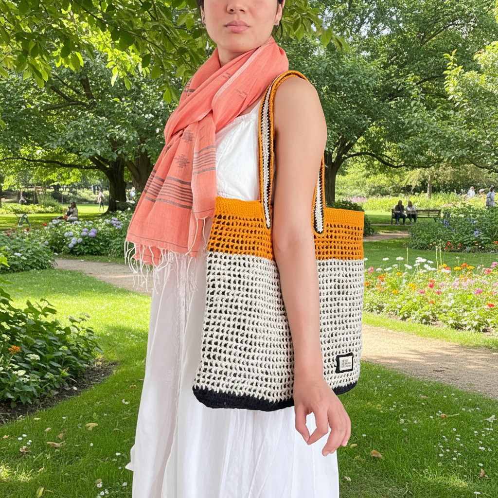Woman wearing a white dress with an orange and black striped white jute crochet bag