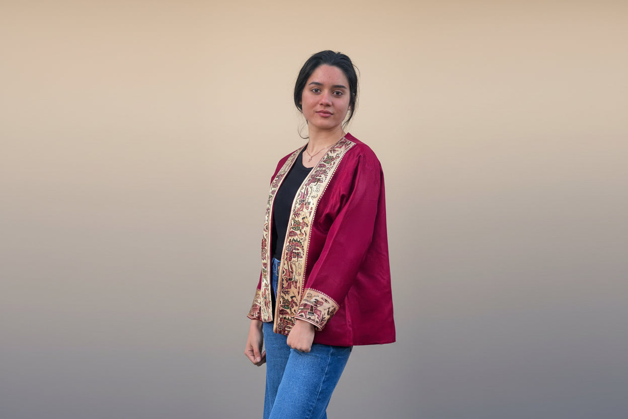 Kaira silk red jacket with patterned border upcycled saree