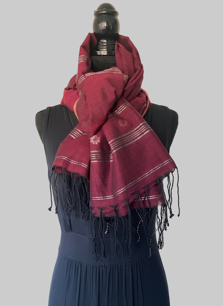 Red Maroon Zari Boota Jamdani Muslin Luxury Scarf - coiled