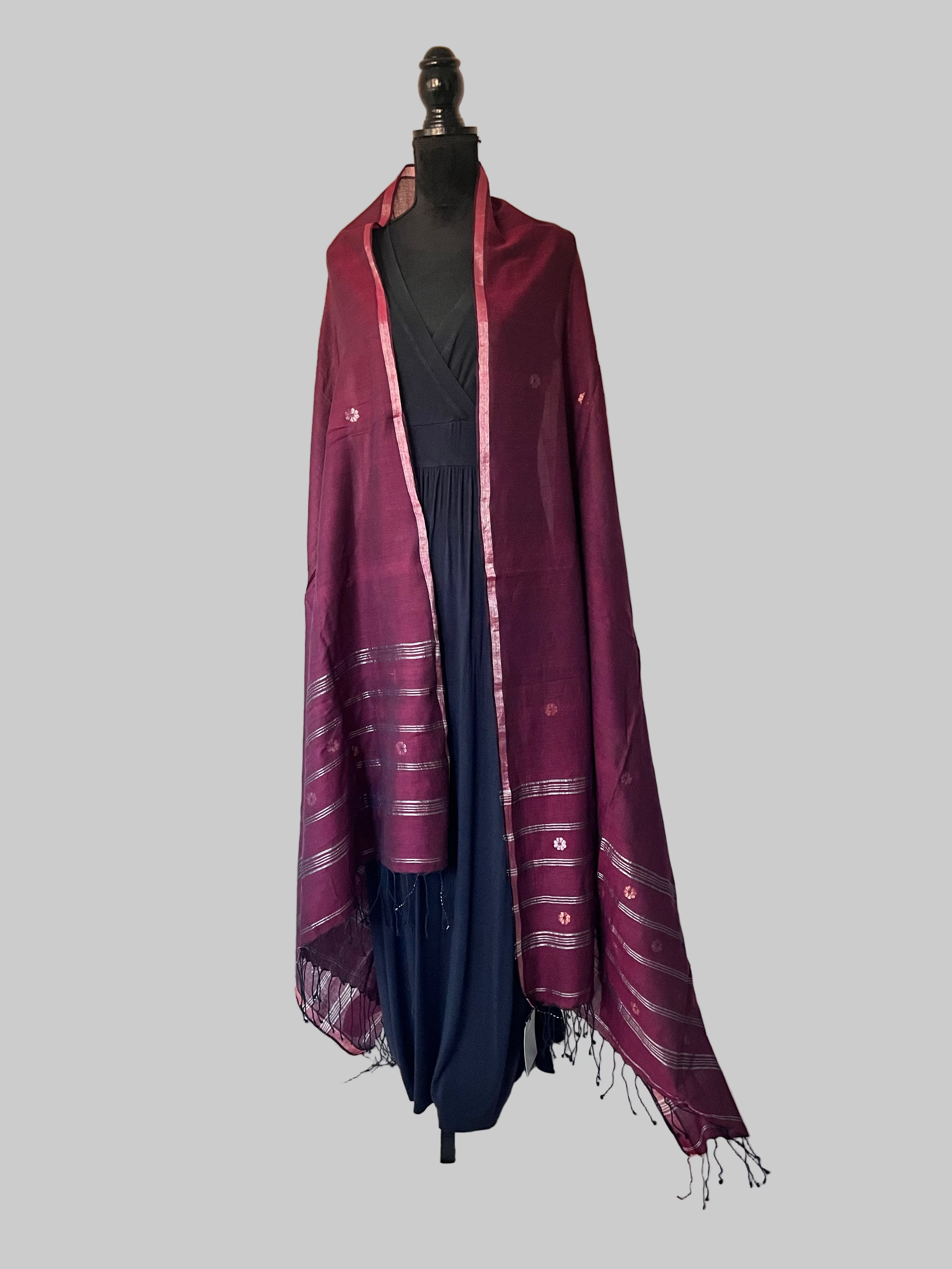 Maroon Zari Boota Luxury Jamdani scarf full on dress form