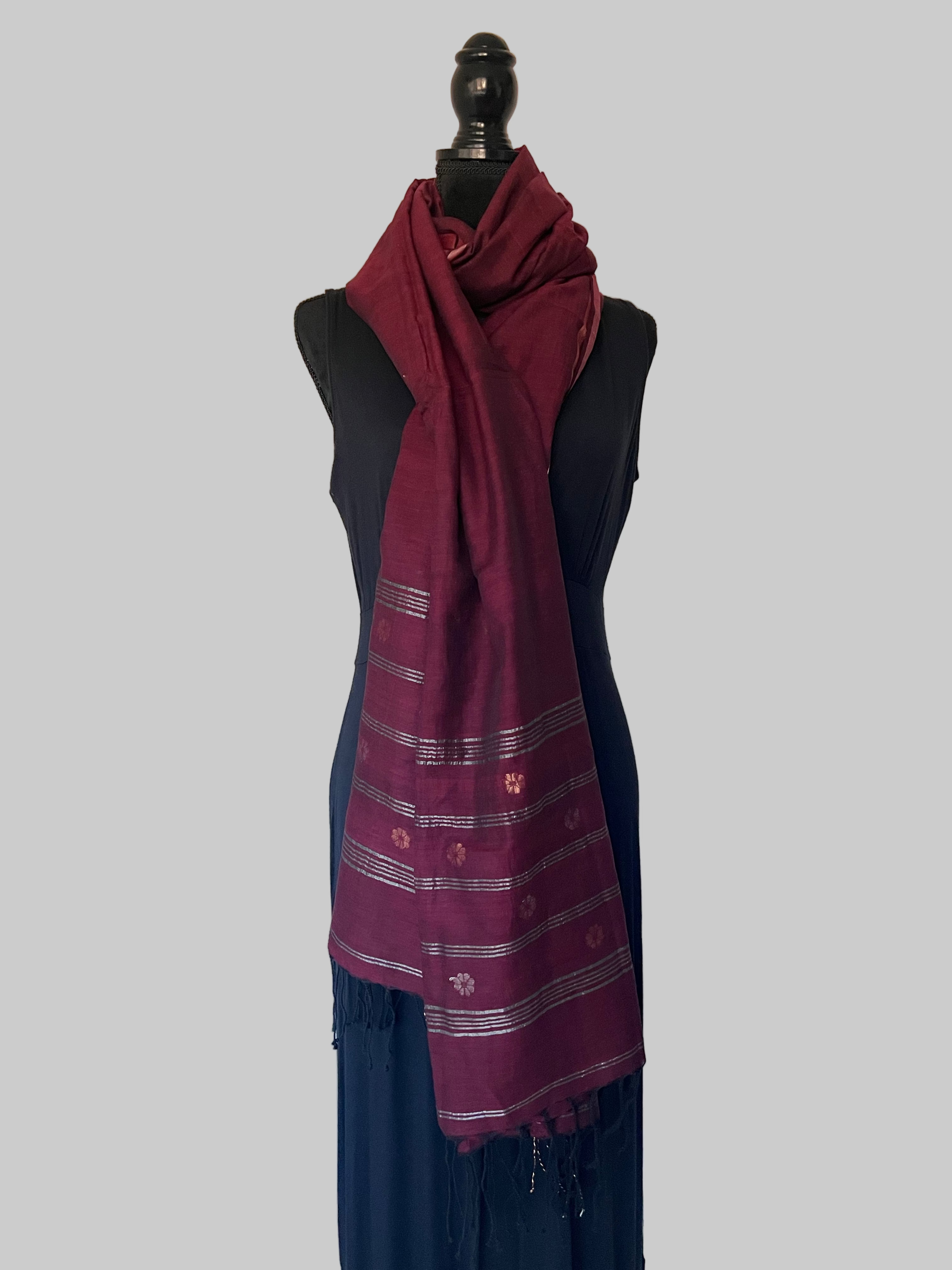 Maroon Zari Boota Luxury Jamdani scarf on dress form