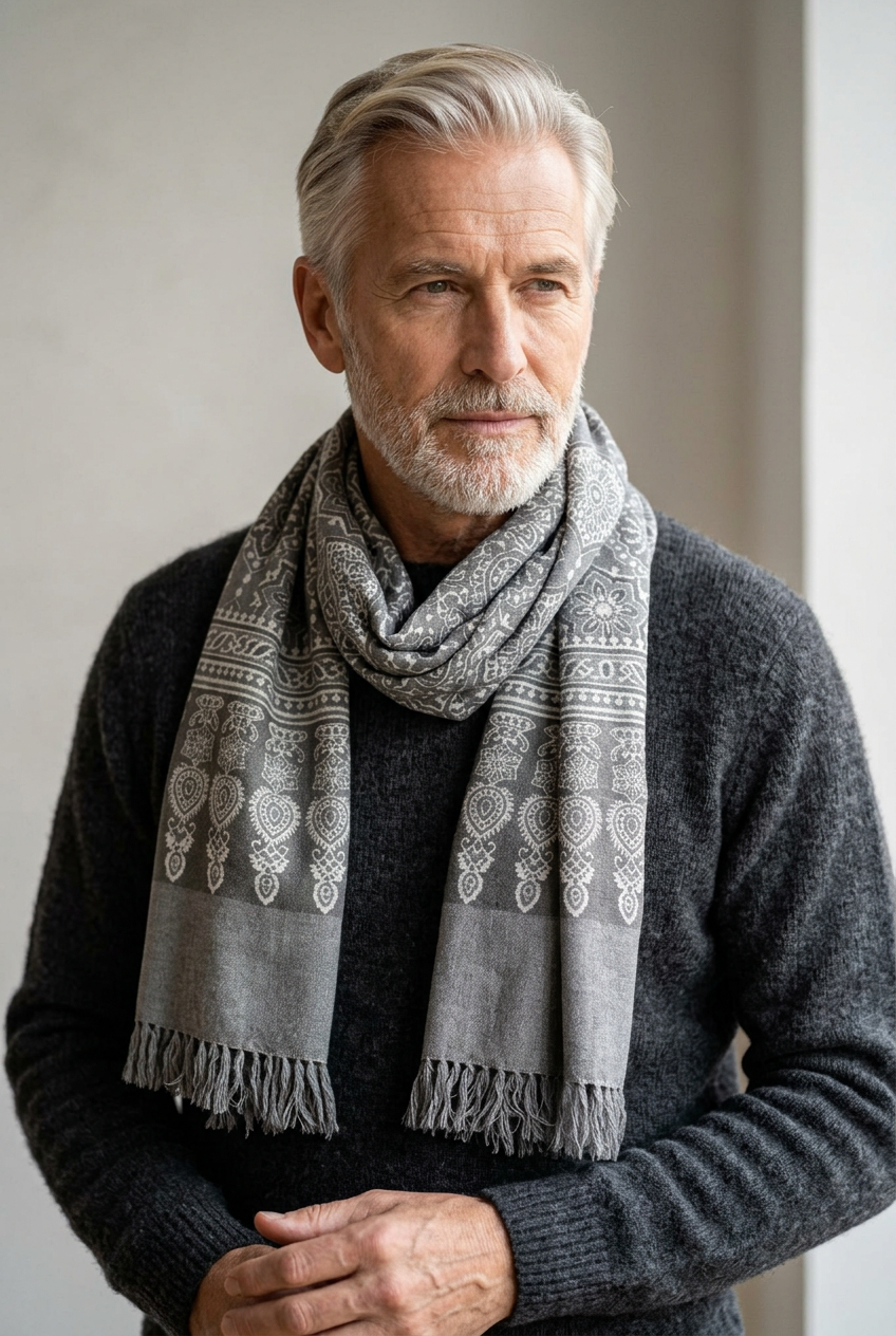 A man with gray hair and a beard wearing a dark gray knit sweater and a gray patterned knit scarf with white geometric and floral motifs,
