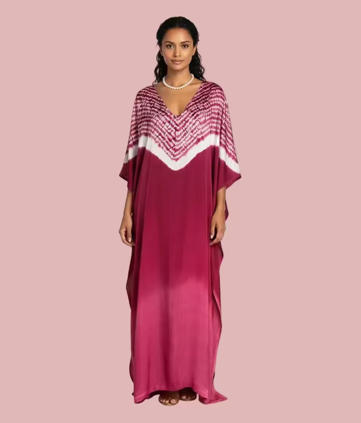 Modal silk vegetable dyed kaftan in fuchsia, with shibori