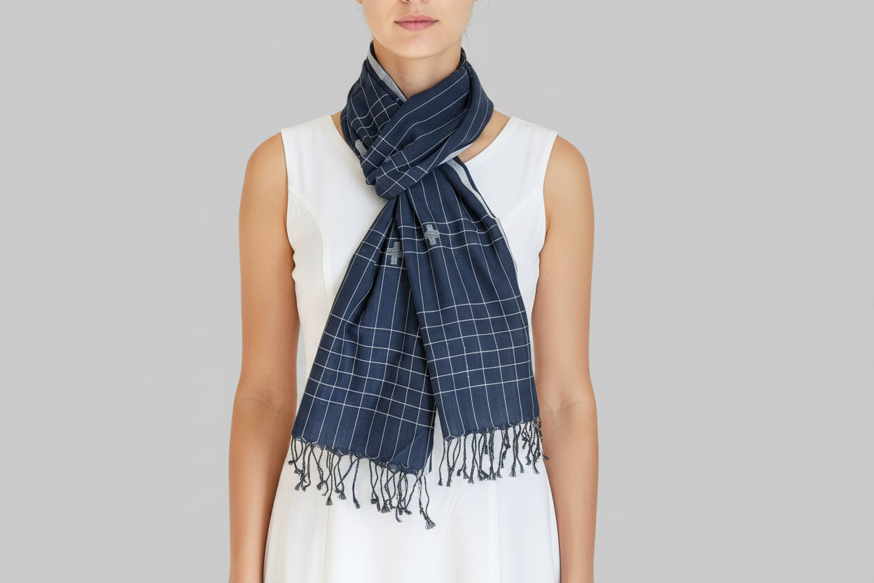 Navy with white checks muslin Jamdani scarf - on female