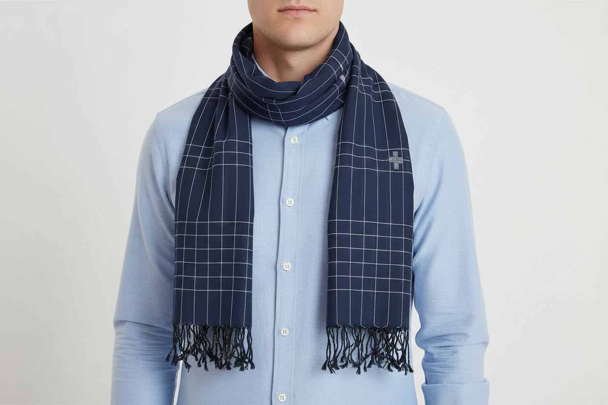Navy with white checks muslin Jamdani scarf - on male