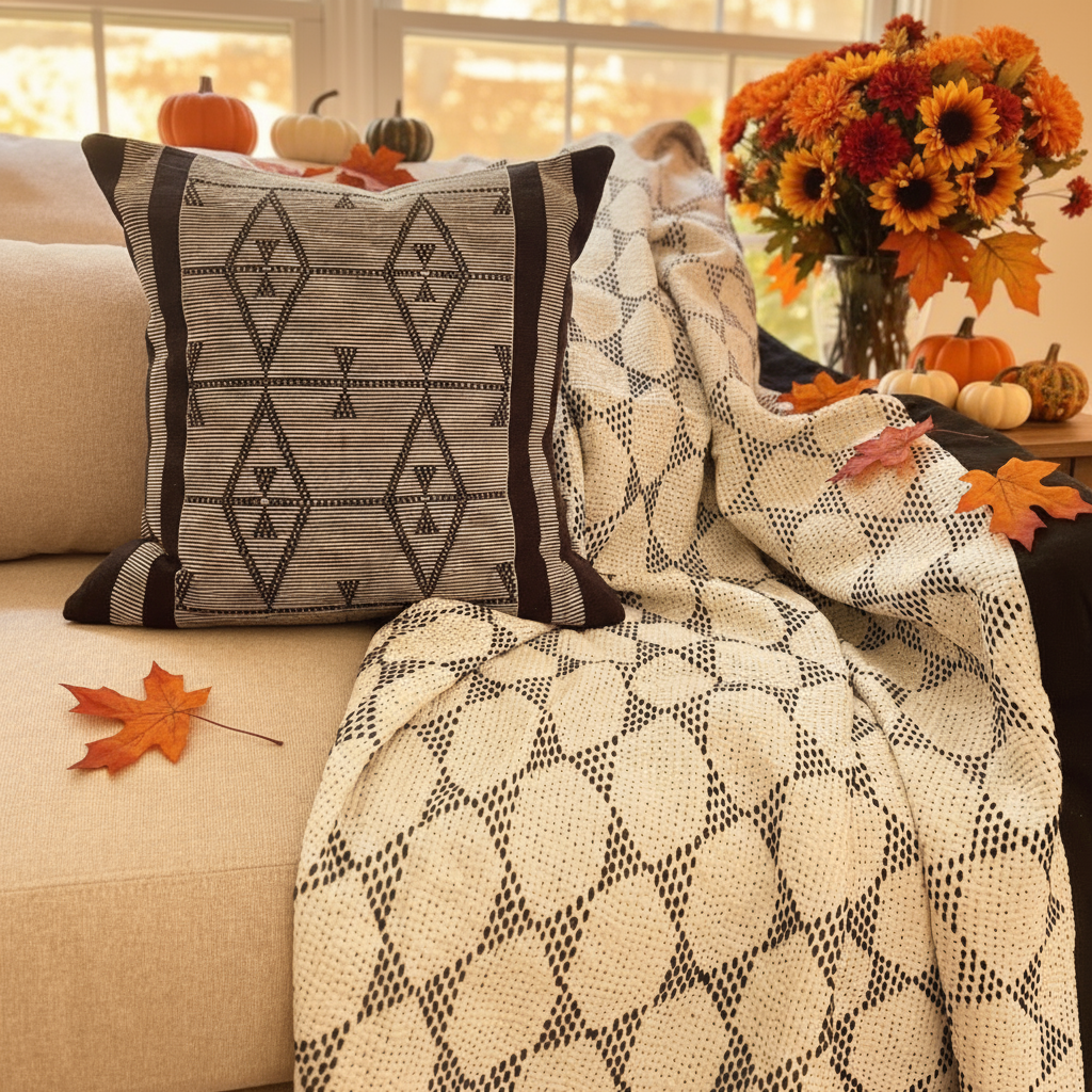 Decorative pillow and blanket on a couch with autumn decorations.