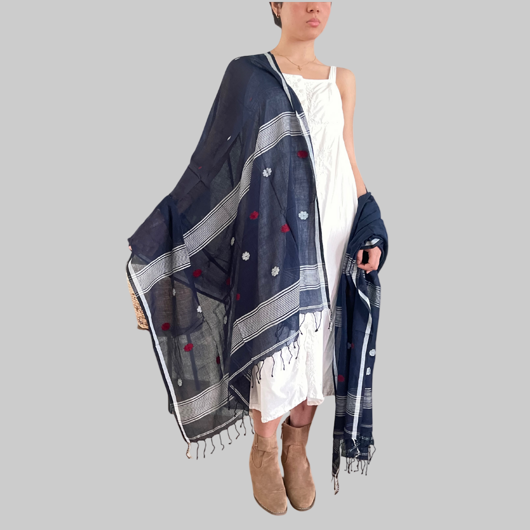 Woman wearing a black scarf with white patterns and red floral jamdani patterns