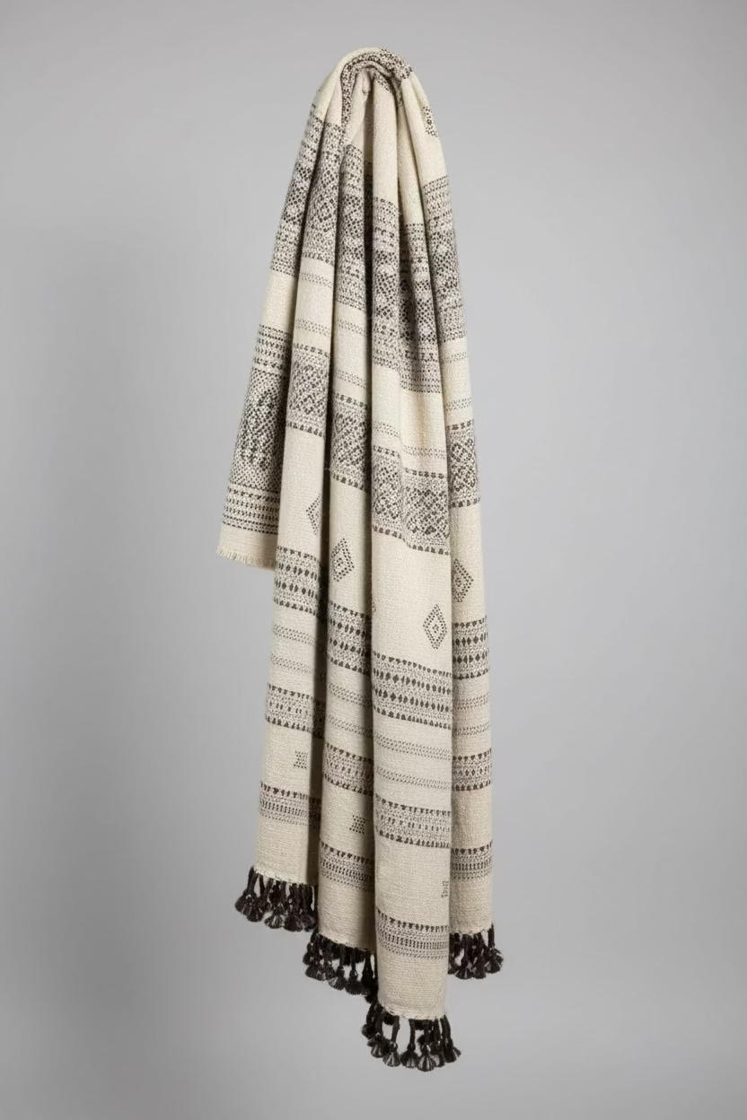 Off-White Wool Throw_Kutch Weaving with black patterns