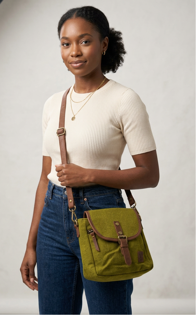 An olive green canvas crossbody bag with brown leather trim and strap,