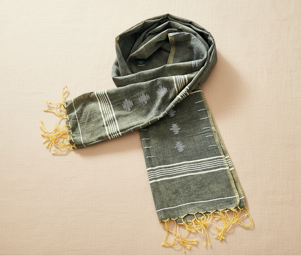 Olive Green cotton scarf with white patterns and fringes