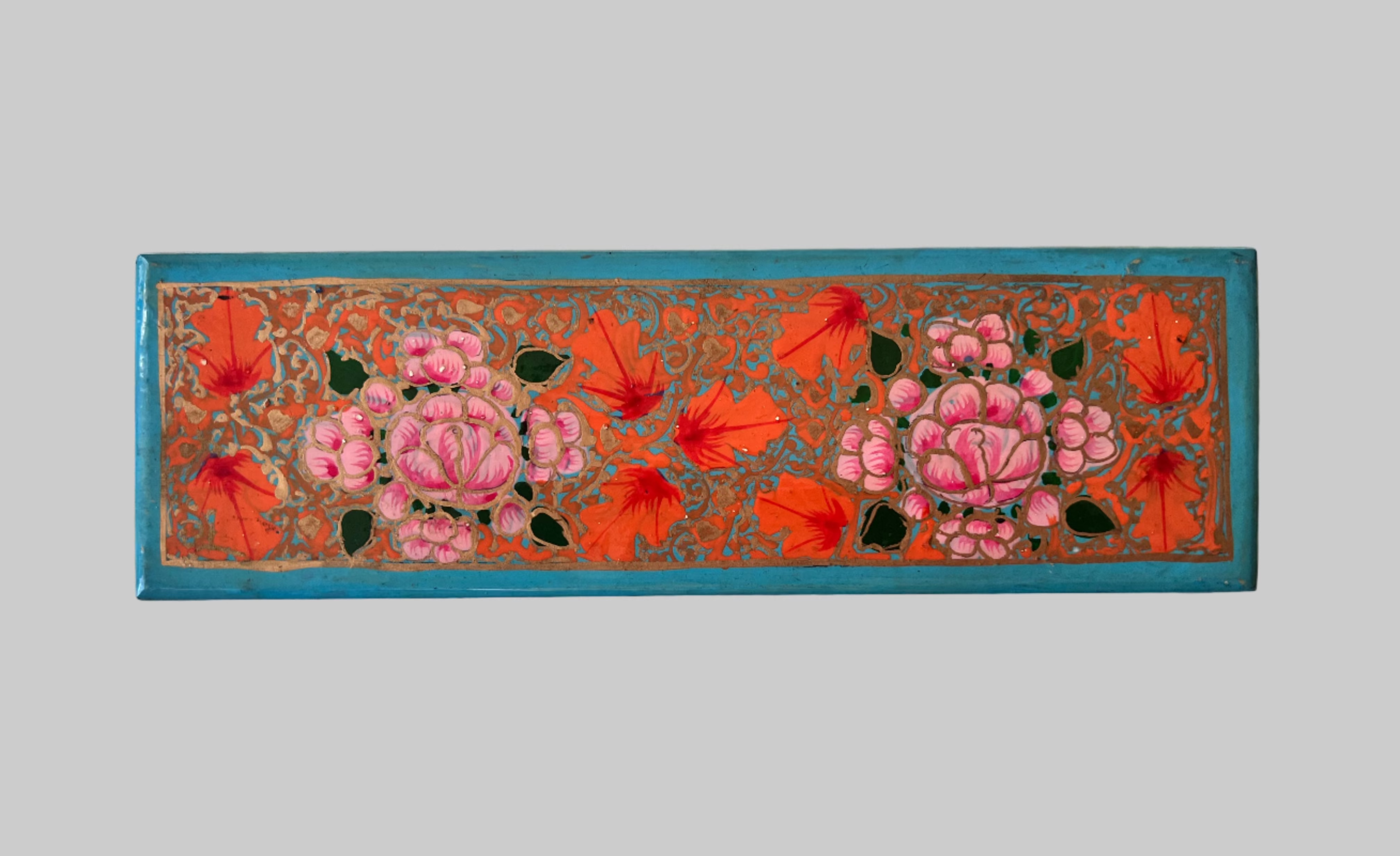Papier Mache Kashmiri Hand painted Orange and Pink floral Pencil Box - wooden