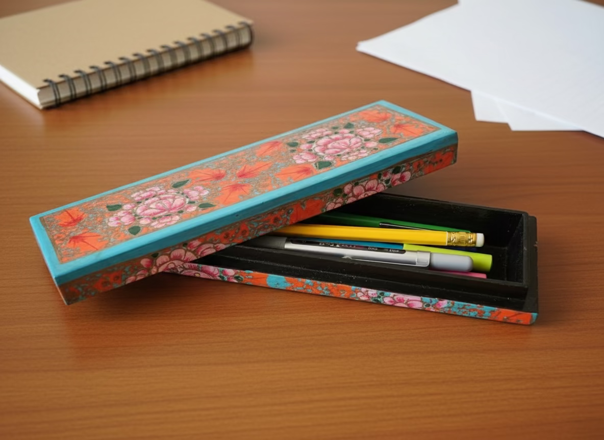 Papier Mache Kashmiri Handpainted Orange and Pink floral Pencil Box - pencils in box