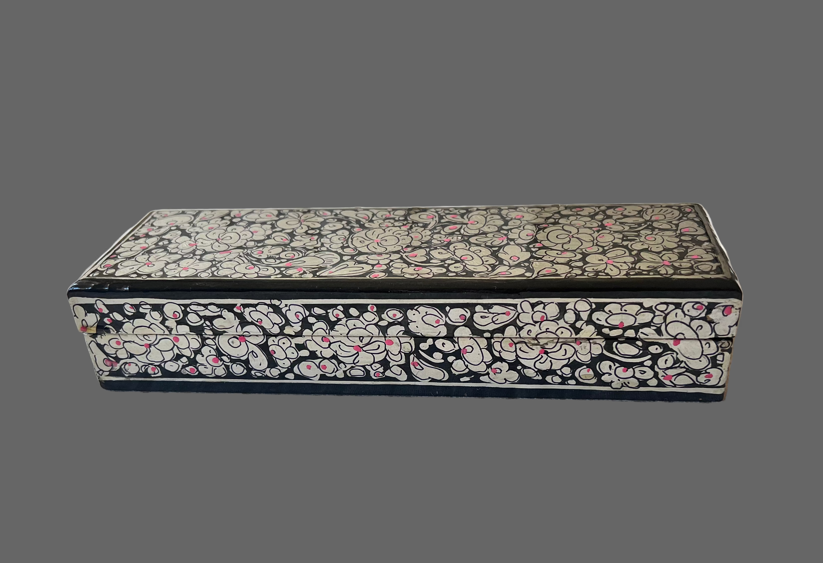 Decorative Papier Mache Kashmiri Handpainted Pencil Box - box with black and white floral patterns