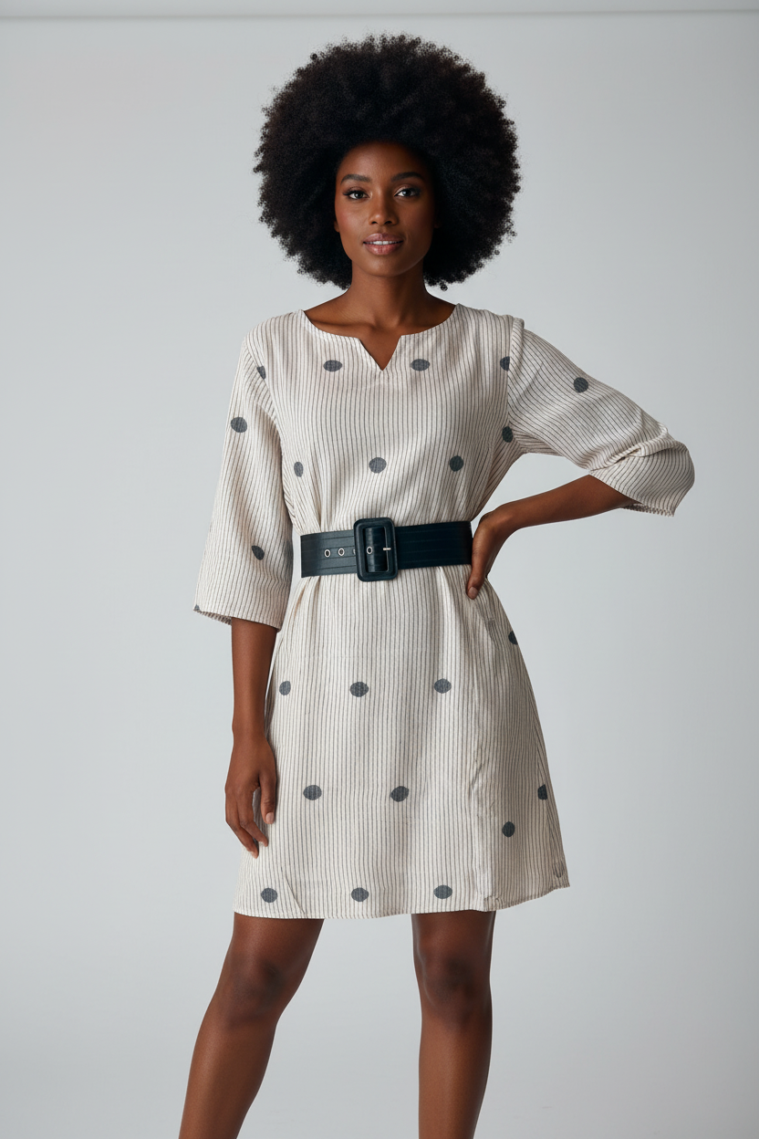 White muslin jamdani dress with grey polka dots